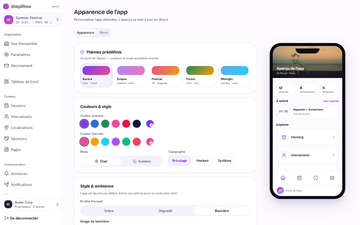 Personnalisation de l'apparence de l'app avec aperçu live