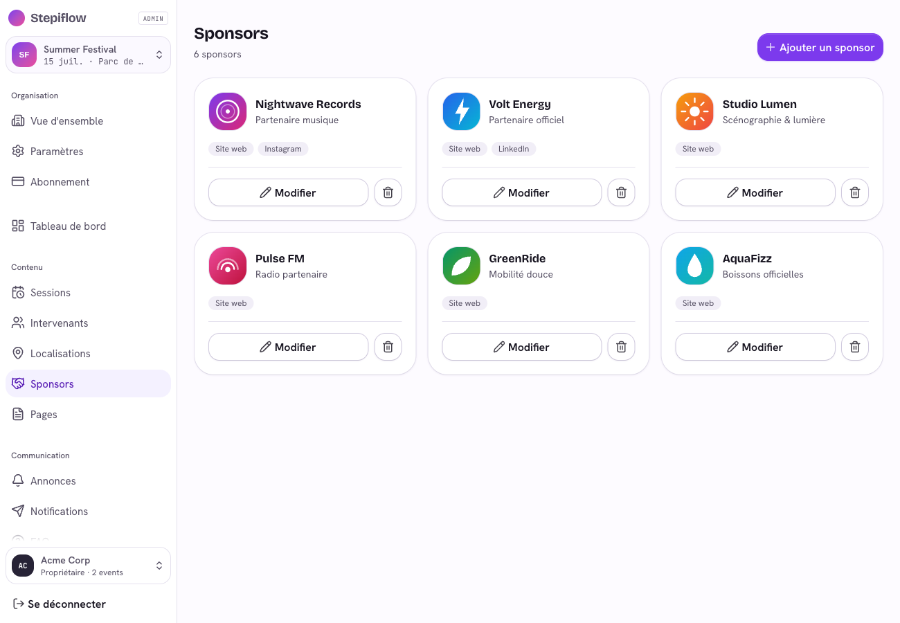 Gestion des sponsors dans le back-office