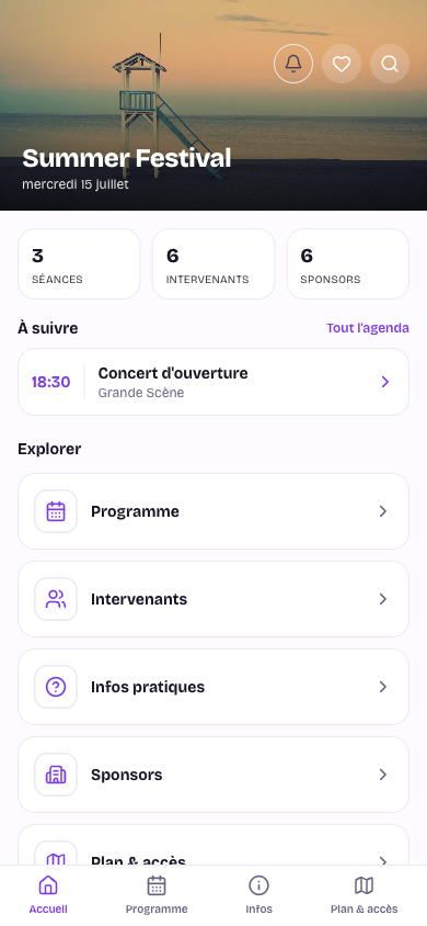 L'app mobile du participant — écran d'accueil