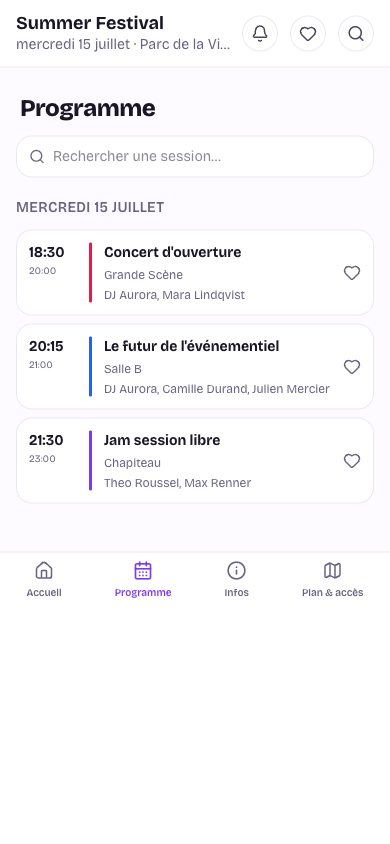 Écran programme de l'app