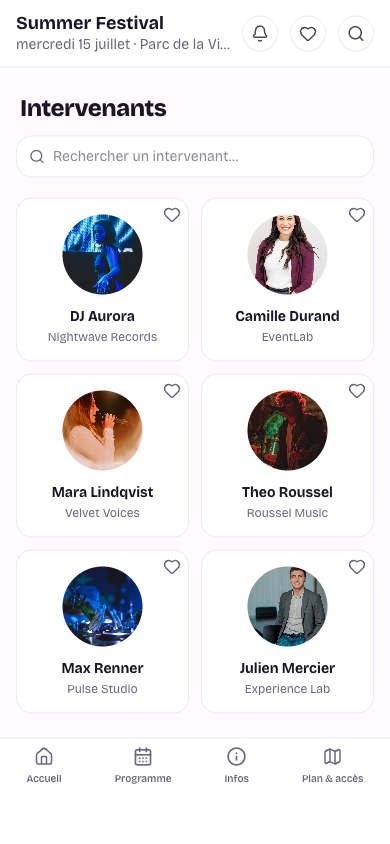 Écran intervenants de l'app
